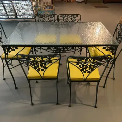 7-Piece Wrought Iron Grape & Vine Patio Dining Set with Glass Top & Yellow Cushions
