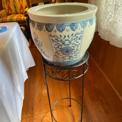 Large Blue & White Chinoiserie Ceramic Planter with Decorative Metal Stand – 36" Tall