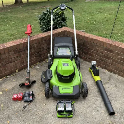 Greenworks 48V 21-Inch Mower with Craftsman Trimmer & Sun Joe Blower