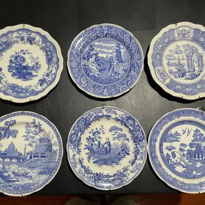 Collection of 6 Blue & White Transferware Decorative Plates – Assorted Patterns