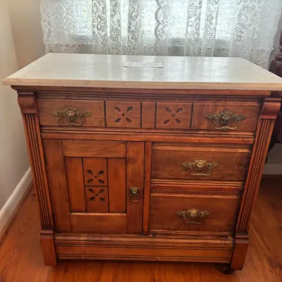 Antique Victorian Marble Top Washstand Cabinet With Drawers & Lion Head Pulls