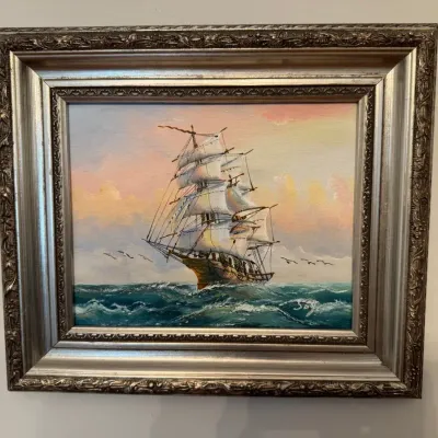 Sailing Ship Canvas Artwork with Ornate Metallic Frame