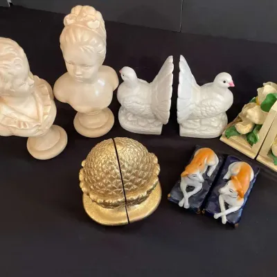 Vintage Decorative Bookends – 5 Pairs – Child Busts, Doves, Dogs, Florals & Gold Artichokes