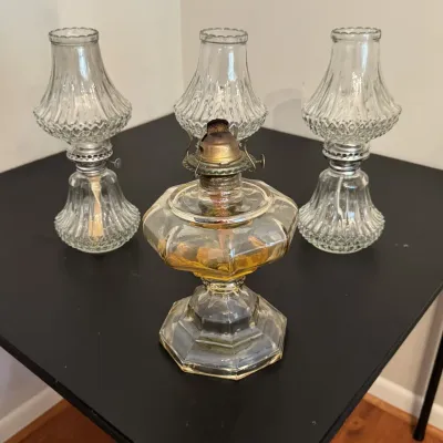 Glass Oil Lamps, 4 Pc with 3 Glass Chimneys