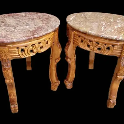 Wooden Carved Marble Top End Tables