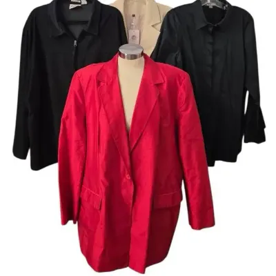 Woman's Clothing- Silk Blazer, Tan Blazer, Black Button Down & Full Zip Jacket