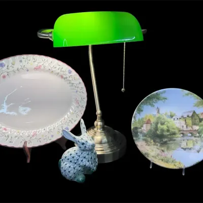 Vintage And Retro Four Piece Estate Decor, Bundle – Retro Bankers Lamp, Sade, Fishnet, Bunny, Fine C