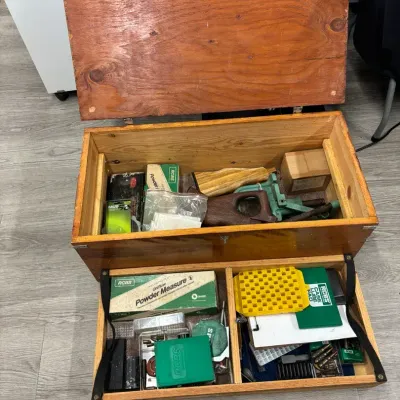 Wood Chest Full Of Gun Supplies, Parts, And Ammo