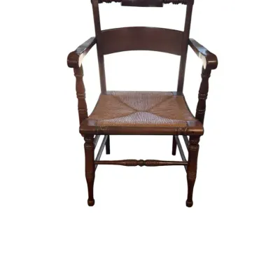 Vintage Hitchcock Style Captains Armchair With Woven Rush Seat