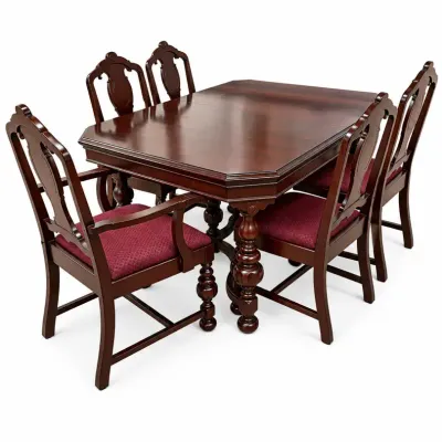 Vintage/?Antique Jacobean Revival Style Dark Wood Dining Table And 5 Matching Chairs