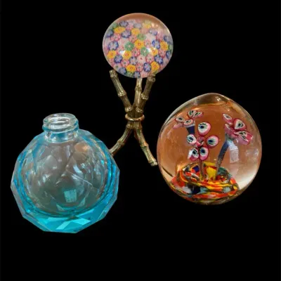 Two Murano Millefiori Paperweights And One I rice Aqua Blue Perfume Bottle Bottom
