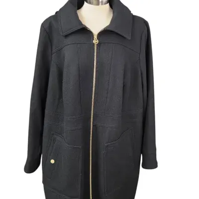 Michael Kors Womans Black Wool Blend Club Collar Full Zip Coat
