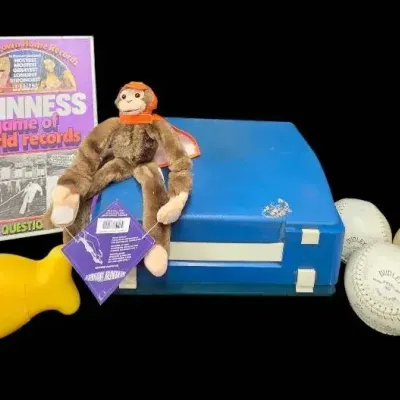 Vintage Petite Super International Blue Portable Toy Typewriter, Softball, Boardgame 