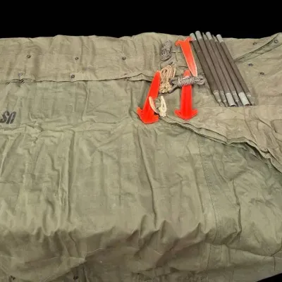 Vintage US Military Canvas Shelter- 2 Half Pup Tents With Rope And Metal Stakes