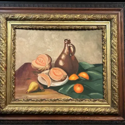 Vintage Mid-Century Still Life Oil Painting of Fruit & Jug Signed Diane J.