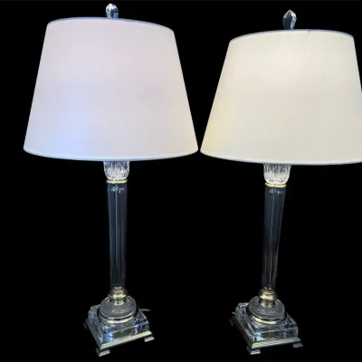 Pair Of Neoclassical, Chrystal Column Table Lamps – Brass And Fluted Glass