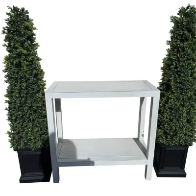 Three-Piece Entryway Set: White Two Tier Console Table And Matching Pair Of Faux Boxwood Topiary Pla