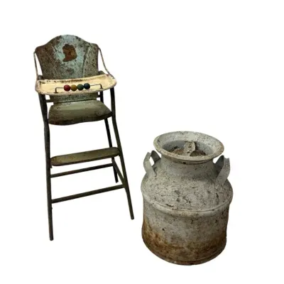 Vintage 1950s Metal Doll High Chair and Weathered Milk Can