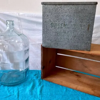 Vintage milk box 5gal water jug old wooden box
