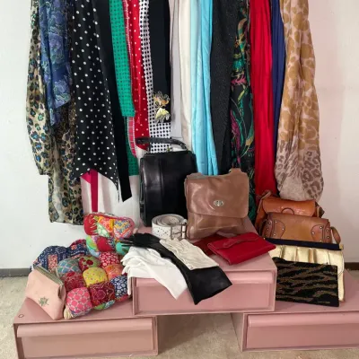 Large lot of vintage leather purses scarves and more