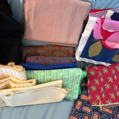 Yards of vintage fabric quilted satin and more plus box of scraps