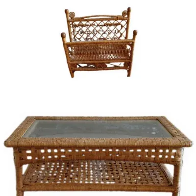 Stylish rattan glass top coffee table and magazine holder
