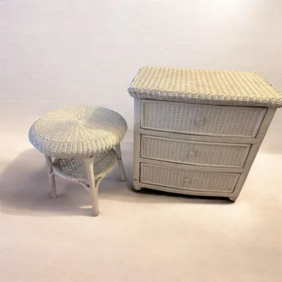 White wicker bedroom set dresser and side table