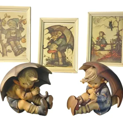 CK210 Goebel Hummel Umbrella Boy & Girl Figurines w/ Wall Plaques 