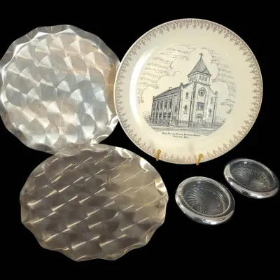 CK206 Silverplate Glass Coasters, Aluminum Circular Trays & Commemorative Church Plate