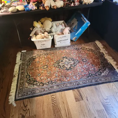 Small Oriental-style area rug with a central medallion and fringe alongside bins of vintage dolls and plush toys.