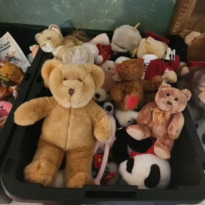 Collection of plush stuffed animals, including teddy bears and a panda, stored in a black plastic bin.