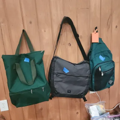 Trio of utility bags hanging against wood paneling, including a green tote, a gray crossbody messenger bag, and a teal sling backpack.