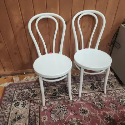 Sale Photo Thumbnail #157: Pair of vintage bentwood Thonet-style side chairs painted white, resting on a patterned area rug.