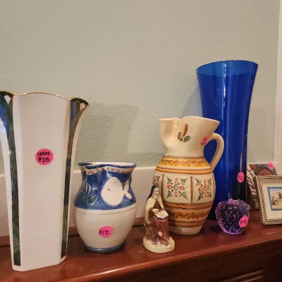 Collection of decorative glassware and ceramics, including a tall Lenox vase, a cobalt blue floor vase, a hand-painted pottery pitcher,...