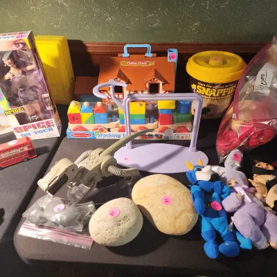 Collection of vintage toys and collectables including a boxed Victoria Beckham Spice Girls doll, a Fisher-Price Little People Play Family...