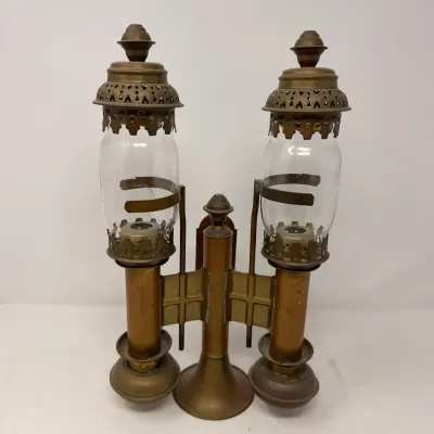 Sale Photo Thumbnail #27: Vintage brass double carriage lamp or candleholder with glass hurricanes and pierced metal trim.