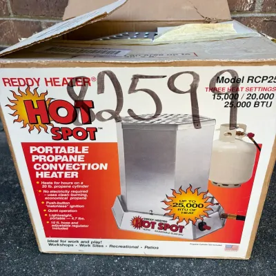 Sale Photo Thumbnail #74: Vintage Reddy Heater Hot Spot portable propane convection heater, Model RCP25, in its original worn box.