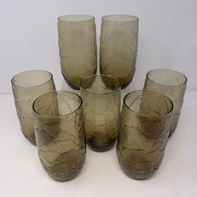 Sale Photo Thumbnail #19: Set of seven vintage smoky amber textured glassware highball tumblers in clean condition.