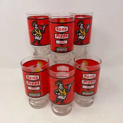 Sale Photo Thumbnail #16: Set of six vintage Ken's Pizza promotional drinking glasses with red, yellow, and black printed graphics.
