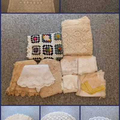 Sale Photo Thumbnail #140: Collection of handmade crocheted textiles, including large lace tablecloths, colorful granny square blankets, and intricate round doilies.