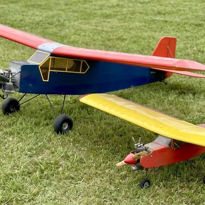 Two gas-powered radio-controlled model airplanes, featuring a large blue fuselage model with red wings and a smaller red model with...