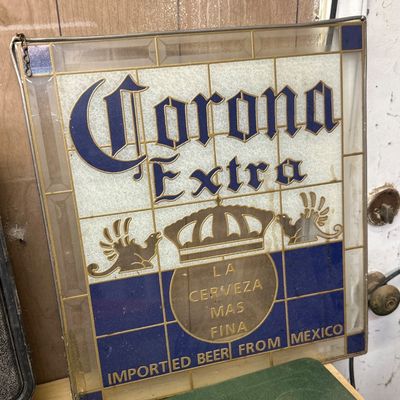 Sale Photo Thumbnail #2: Vintage Corona Extra leaded faux stained-glass bar sign with gold foil lettering and crown logo.