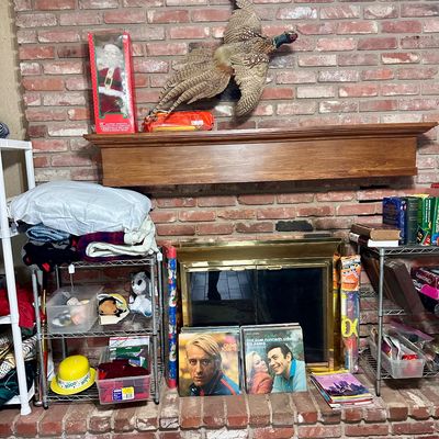 Sale Photo Thumbnail #39: Fireplace mantel featuring a taxidermy ring-necked pheasant mount, vintage animated Santa figure, LP vinyl records, and surrounding household goods on wire shelving.