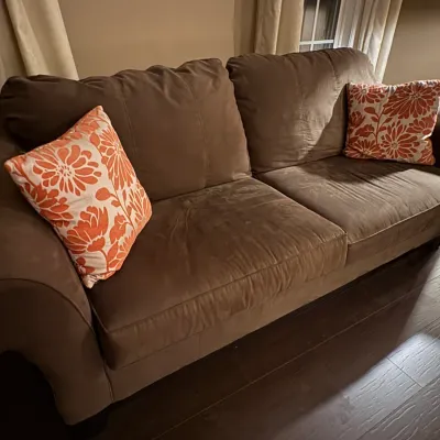 Sale Photo Thumbnail #29: Brown microfiber sofa with rolled arms, 