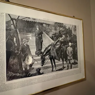 Sale Photo Thumbnail #74: Framed antique Harper's Weekly print depicting an equestrian scene, housed in a thin gold-tone metal frame.
