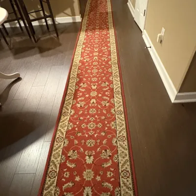 Sale Photo Thumbnail #35: Long traditional runner rug in red and cream with a floral motif, 