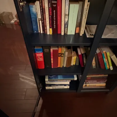 Sale Photo Thumbnail #66: Dark wooden cabinet with glass doors filled with various hardcover books and textbooks across multiple shelves.