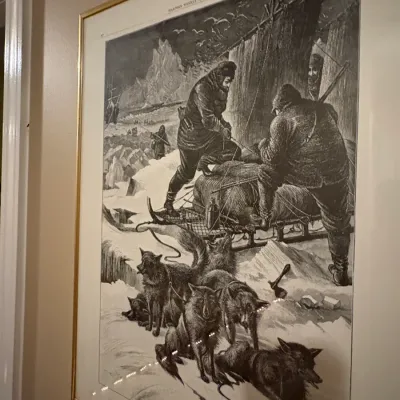 Sale Photo Thumbnail #81: Framed Harper's Weekly woodcut engraving print depicting an Arctic sled dog expedition, dated April 1, 1876.