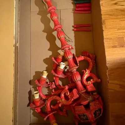 Sale Photo Thumbnail #17: Vintage painted red and gold ornate multi-light chandelier, 