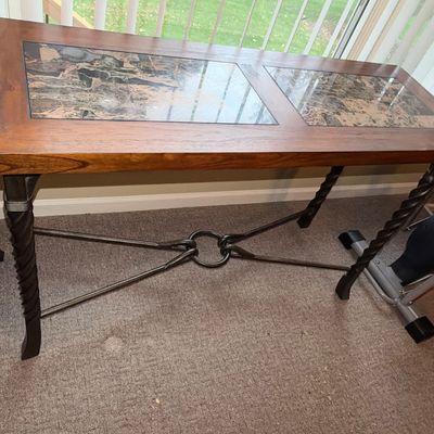 Sale Photo Thumbnail #66: Rustic modern console table featuring a wood frame with inset faux marble tiles and twisted wrought iron legs with an interlocking stretcher.